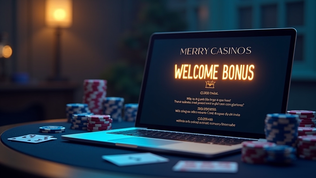 Tarjeta de bono de bienvenida con condiciones y apuesta liberadora en un entorno de casino